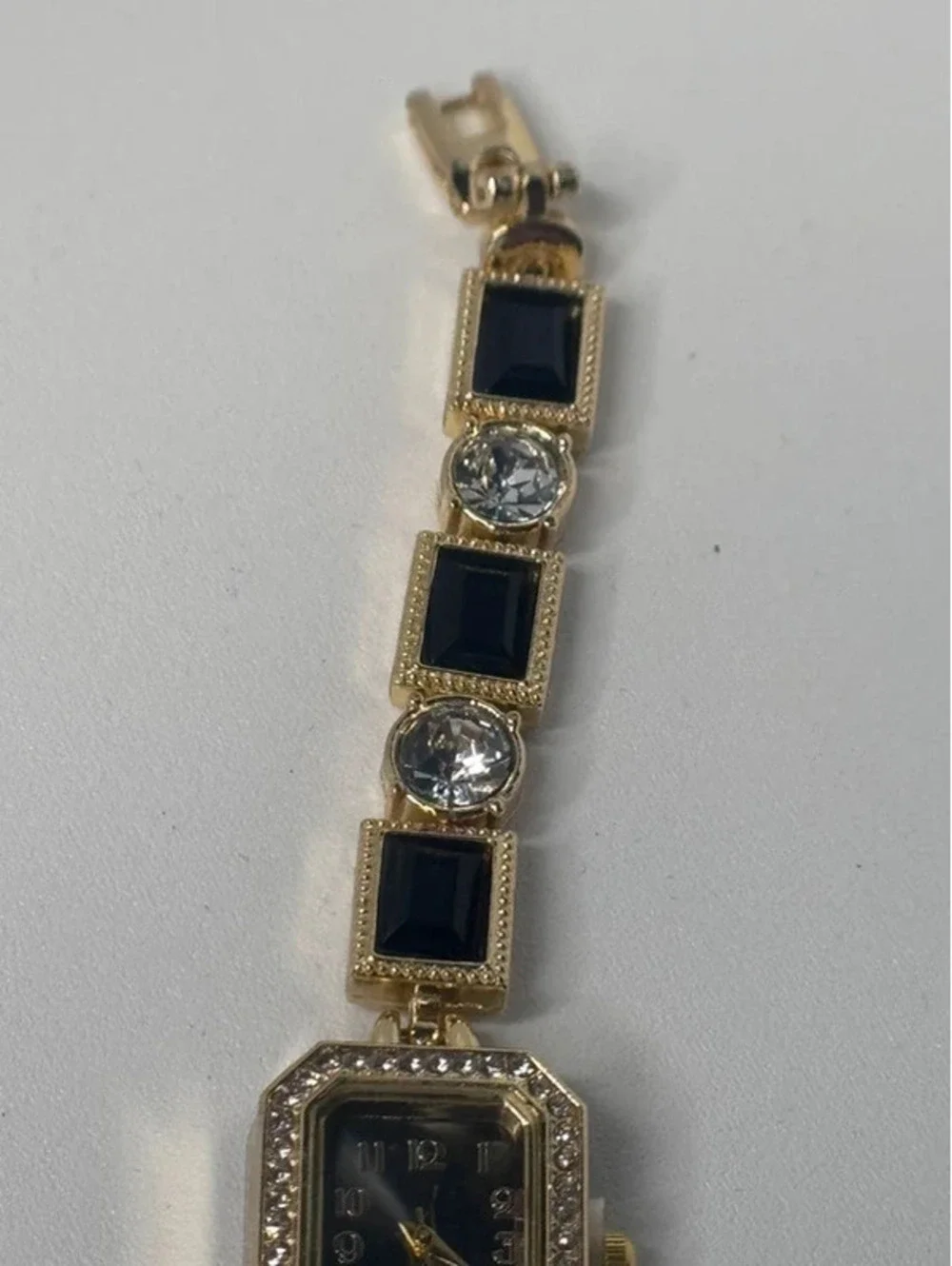 7.5 inch watch bracelet, black and clear cz, gold tone